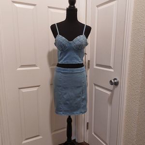 Haute Monde Women's 2pc Stretch Denim Rhinestone Bustier and Pencil Skirt szL